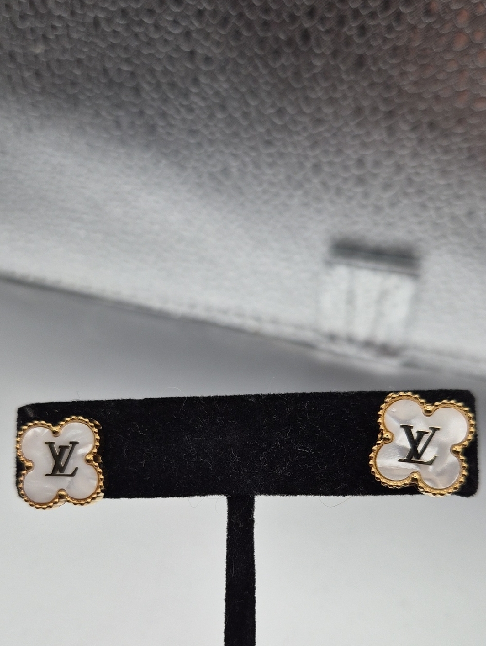 White Mother-of-Pearl Clover Stud Earrings with Gold Trim